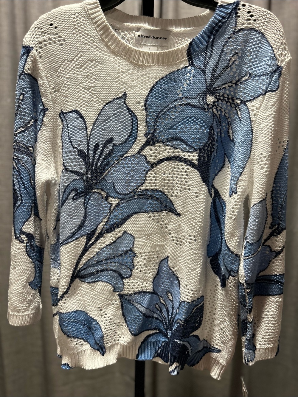 Alfred Dunner Cream Sweater with Blue Floral Jacquard